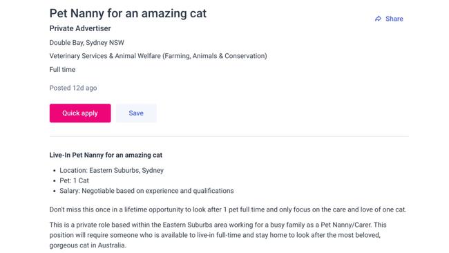 The ad calls for someone who has "experience" with cats to apply.