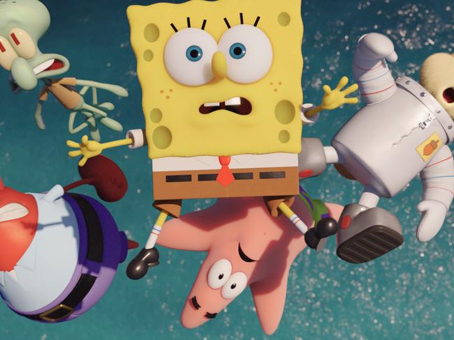 Left to right: Mr. Krabs, Squidward Tentacles, SpongeBob SquarePants, Patrick Star and Sandy Cheeks in a scene from film THE SPONGEBOB MOVIE: SPONGE OUT OF WATER, from Paramount Pictures and Nickelodeon Movies.