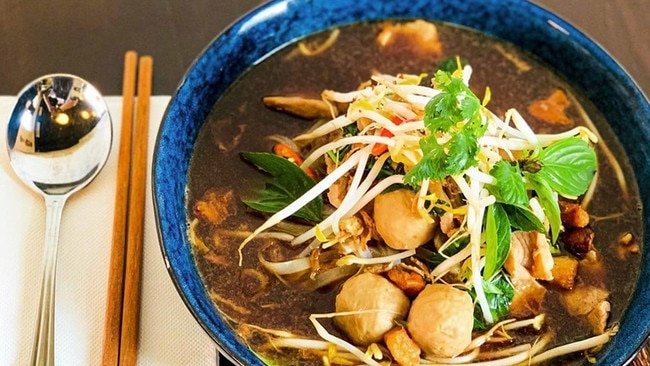 Guo Tiew Moo Nam Tok, which is a spicy noodle soup with braised pork and pork meatballs at West End Coffee House.