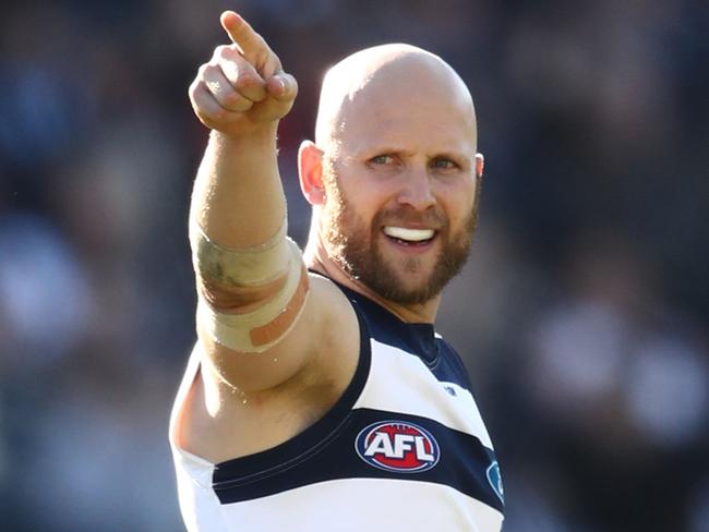 GEELONG, VICTORIA - AUGUST 25:  Gary Ablett of the Cats celebrates after  a goal during the round 23 AFL match between the Geelong Cats and the Gold Coast Suns at GMHBA Stadium on August 25, 2018 in Geelong, Australia.  (Photo by Scott Barbour/AFL Media/Getty Images)