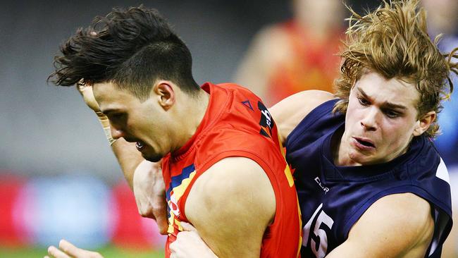 Bailey Smith of Vic Metro tackles Izak Rankine of South Australia during the U18 AFL Championship match between Vic Metro and South Australia at Etihad Stadium. Picture: Getty Images