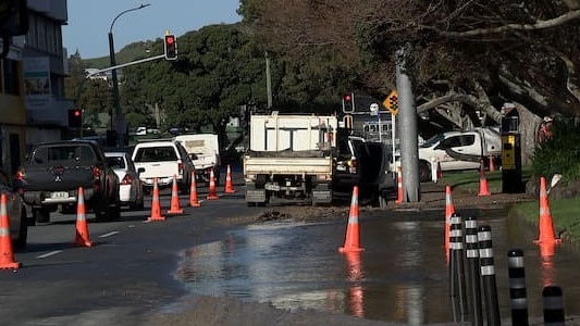 A flooded Wellington street after a water main bursts. Picture: TV1