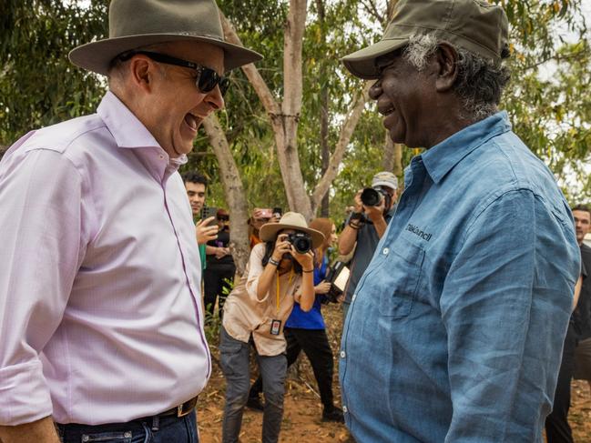 Anthony Albanese meets with Yolngu Elder Mr. Djawa Yunupingu. Picture: Getty