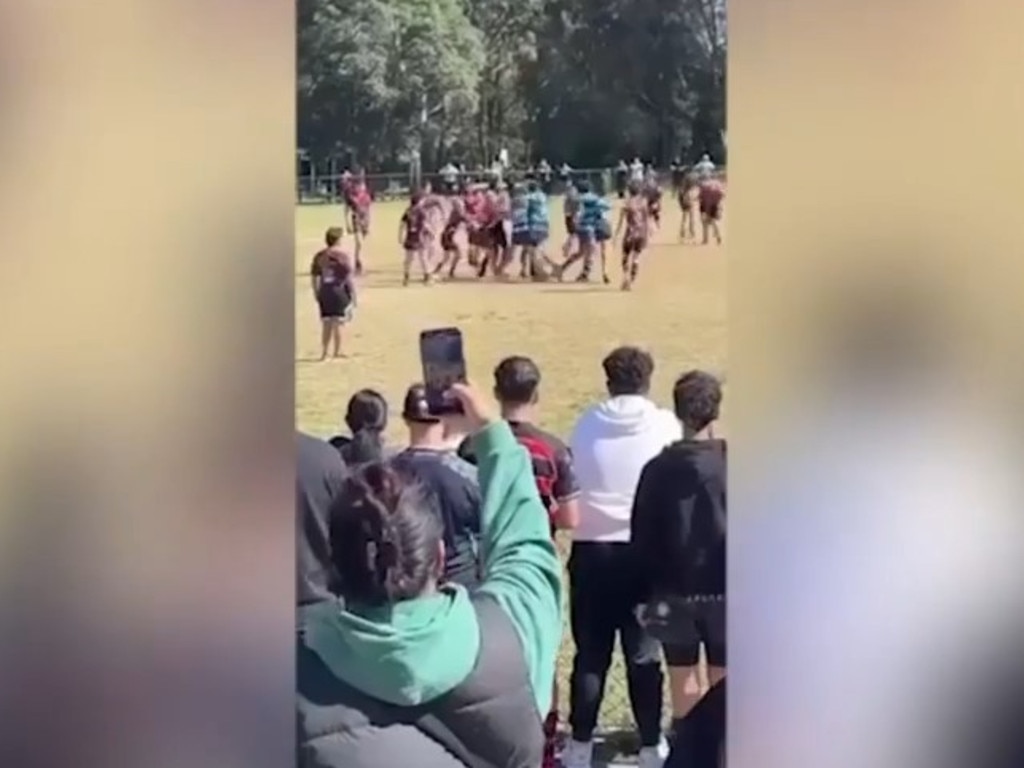 A screenshot from video footage of a violent brawl which erupted at the Bankstown Bulls v Cabramatta semi-final at Ruse Park on August 24, 2024. Picture: 7News