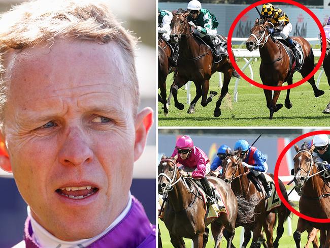 Jockey Kerrin McEvoy copped plenty of criticism from punters on Saturday for his rides on Joliestar (top right) and Via Sistina (bottom right). Pictures: Getty Images