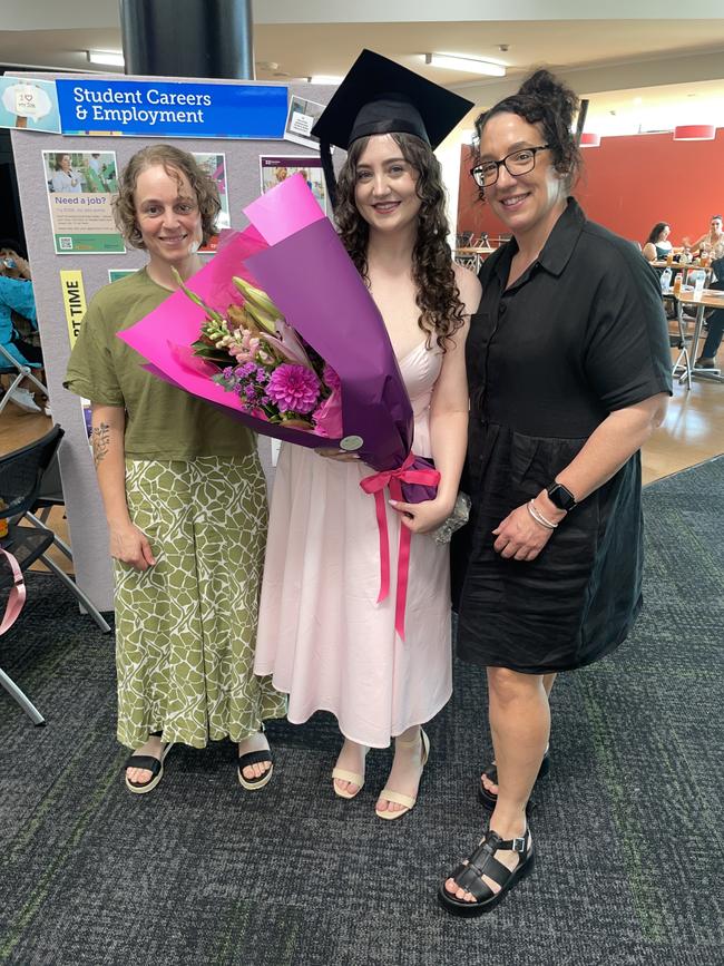 Bec Cheater, Sienna D’Alessandro (Bachelor of Psychological Science: Honours), Nadeen D’Alessandro at the Federation University Churchill Campus graduations on Tuesday, March 25, 2025. Picture: Jack Colantuono
