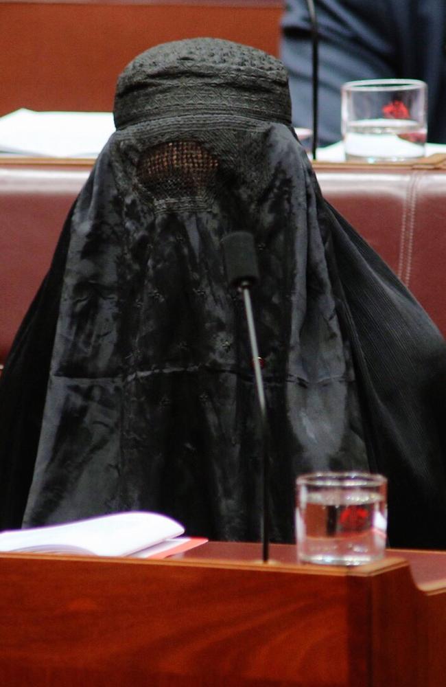 Senator Pauline Hanson wearing a burqa in the senate. Picture: Gary Ramage