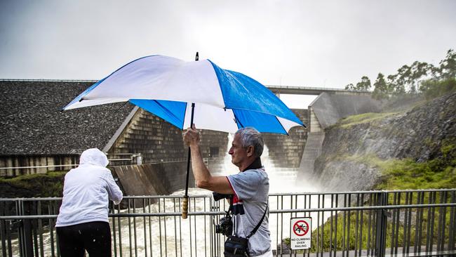 Hinze Dam overflowing. Picture: NIGEL HALLETT