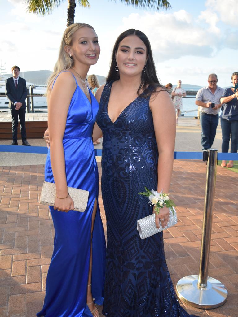 Juliette Kirk (left) and Neive Farley at the 2020 St Catherine's Catholic College formal. Photo: Elyse Wurm