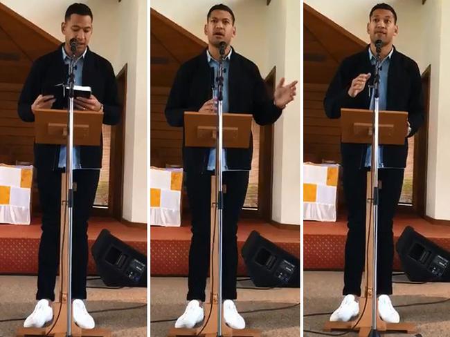 Israel Folau speaks at his church yesterday. Picture: Facebook