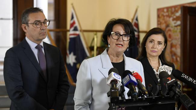 Premier Steven Marshall, Attorney-General Vickie Chapman &amp; Minister Rachel Sanderson at Old Parliament House for a press conference. Picture: Naomi Jellicoe