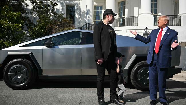 US President Donald Trump spruiks the Cybertruck with Tesla CEO Elon Musk at the White House on March 11. Picture: AFP