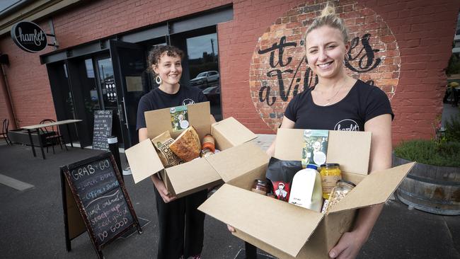 (L-R) Isabel Casey and Emily Briffa of Hamlet Cafe with their Hamlet Hampers at Hobart. Picture Chris Kidd