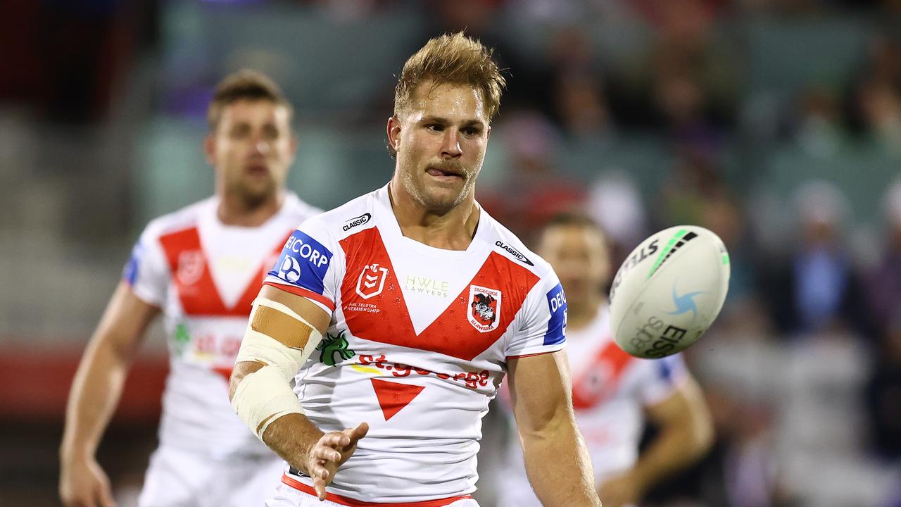 WOLLONGONG, AUSTRALIA – JUNE 19: Jack de Belin of the Dragons passes during the round 15 NRL match between the St George Illawarra Dragons and the Canberra Raiders at WIN Stadium, on June 19, 2021, in Wollongong, Australia. (Photo by Mark Nolan/Getty Images)