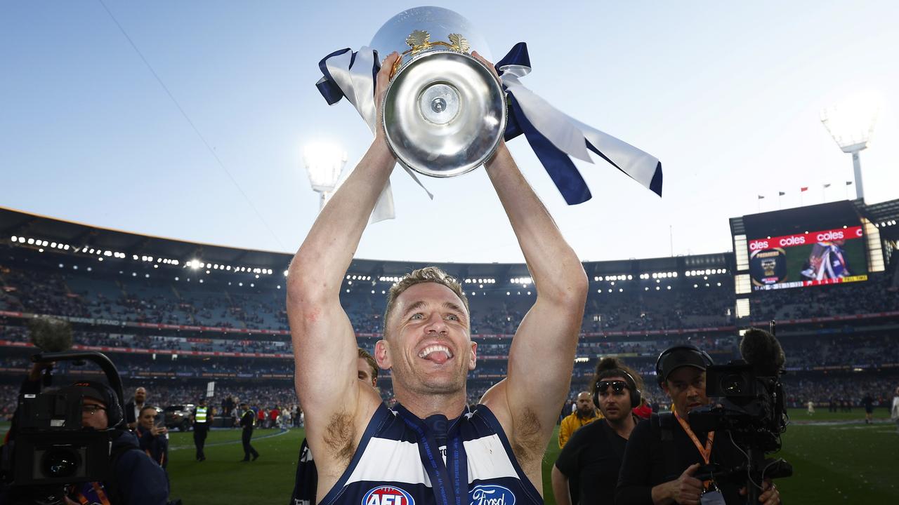 Joel Selwood soaks up Geelong’s premiership celebrations.