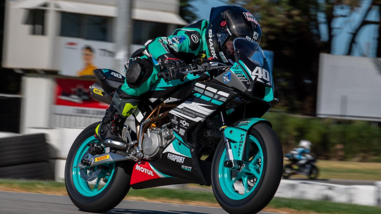 Hunter Corney in action during a round of the Australian FIM MiniGP Championship. Picture: RbMotoLens