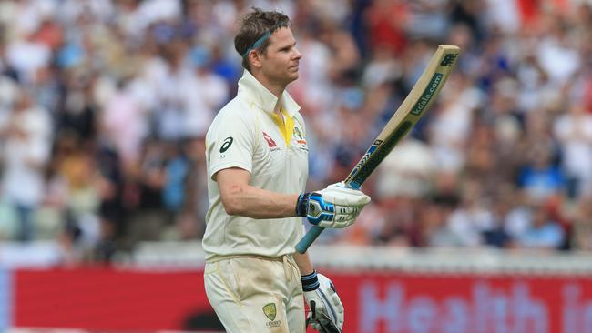 Steve Smith celebrates his second century of the Edgbaston Test. Picture: Lindsey Parnaby/AFP