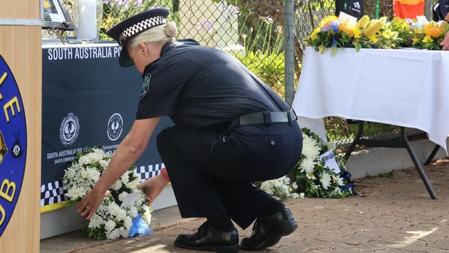 Ms Williams pays tribute to Brevet Sergeant Jason Doig at a memorial service in Lucindale. Picture: Riley Walter