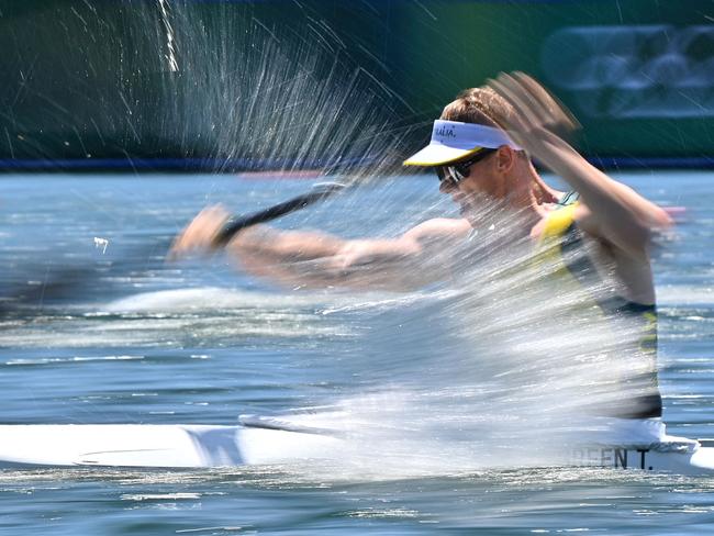 Australia's Tom Green in the kayak double 1000m event on Wednesday. Picture: AFP