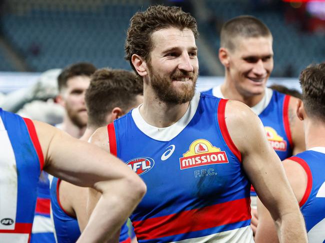 MELBOURNE, AUSTRALIA - JUNE 15: Marcus Bontempelli of the Bulldogs celebrates during the 2024 AFL Round 14 match between the Western Bulldogs and the Fremantle Dockers at Marvel Stadium on June 15, 2024 in Melbourne, Australia. (Photo by Dylan Burns/AFL Photos via Getty Images)