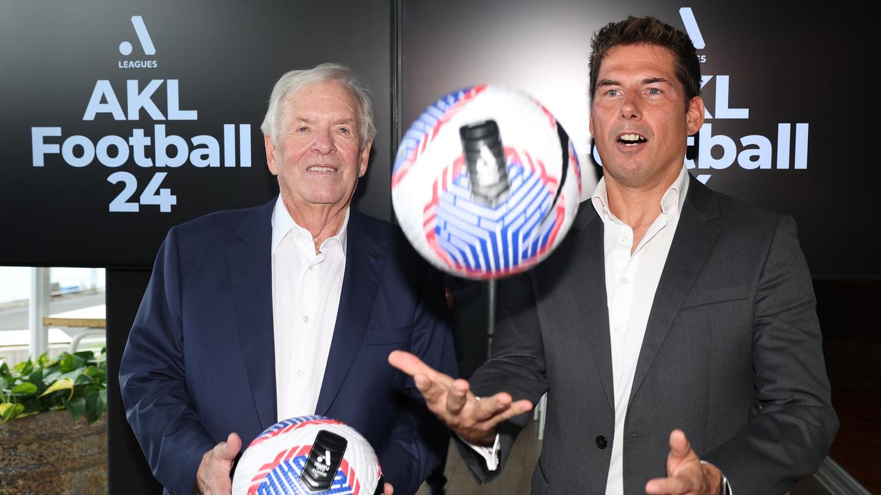 Bill Foley of Black Knight Football Club (L) and Nick Garcia, A-Leagues Commissioner. Picture: Phil Walter/Getty Images for A-Leagues