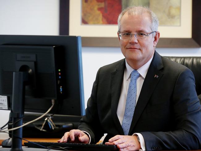 ***** EMBARGOED till Budget Night 7.30pm ... for Q and A special for News Corp ******Treasurer Scott Morrison in his office at Treasury in Canberra. Picture Kym Smith