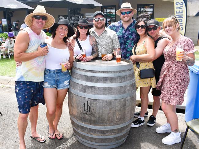 The Gippsland Beer Fest in Tinamba on Saturday, November 16, 2024: Matt Battley, Micah Battley, Janice Amy, Gus McFarlan, Castelle Dugan, Zanthia James, Alex Poulios and Molly James. Picture: Jack Colantuono