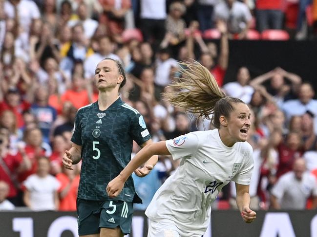 England's midfielder Ella Toone celebrates after scoring her team first goal during the UEFA Women's Euro 2022 final football match between England and Germany. Picture: AFP