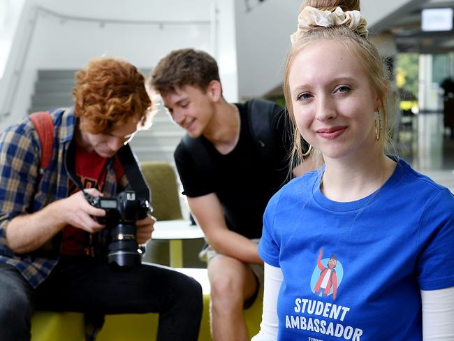 Flinders University student ambassador Claudia Bradley ,22 and Bachelor of Media Arts students Simon Rich,21, and Lewis Woollett,19 at Flinders University Thursday February 11,2021.Picture Mark Brake