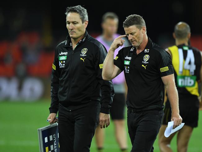 Justin Longmuir remembers the spray then-Richmond coach Damien Hardwick gave to rev his troops up against Fremantle in 2020. Picture: Matt Roberts/AFL Photos/via Getty Images.