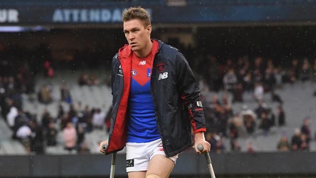 Tom McDonald of the Demons is seen after the Round 16 AFL match between the Carlton Blues and the Melbourne Demons at the MCG in Melbourne, Sunday, July 7, 2019. (AAP Image/Julian Smith) NO ARCHIVING, EDITORIAL USE ONLY