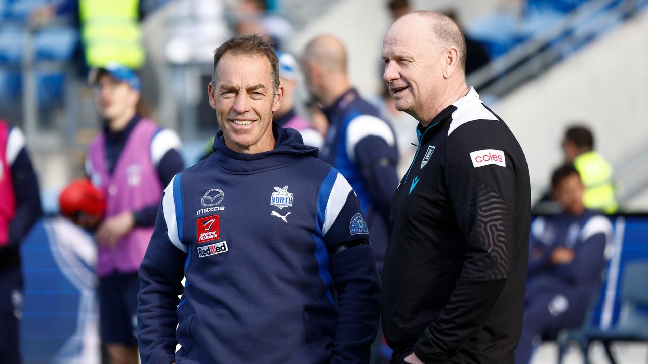 Clarkson with Port coach Ken Hinkley after the match. Photo by Michael Willson/AFL Photos via Getty Images