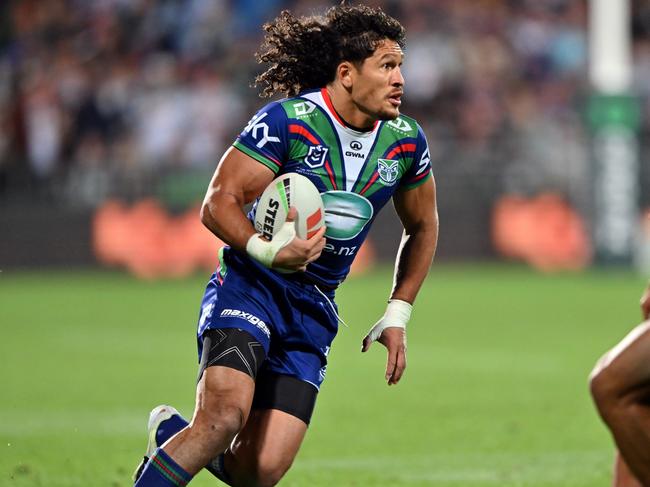 CHRISTCHURCH, NEW ZEALAND - MARCH 22: Dallin Watene-Zelezniak of the Warriors chrges forward during the round three NRL match between the New Zealand Warriors and Canberra Raiders at Apollo Projects Stadium, on March 22, 2024, in Christchurch, New Zealand. (Photo by Kai Schwoerer/Getty Images)