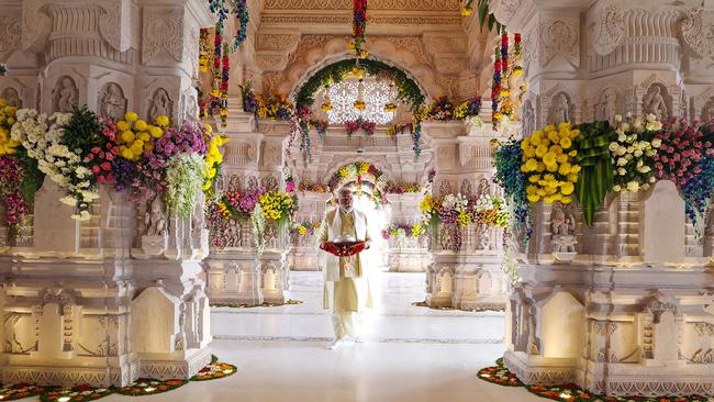 Narendra Modi walks into the Ram temple to officially consecrate the temple in Ayodhya. Picture: PIB/AFP