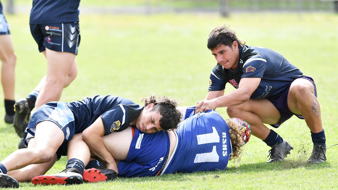 RUGBY LEAGUE: Justin Hodges and Chris Flannery 9s Gala Day. Grand final, Caloundra State High School V Redcliffe State High, year 12. Caloundra's Kayden Humphreys' tackles a Redcliffe player. Picture: Patrick Woods.