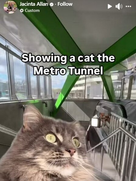 Stills from Jacinta Allen cat video showing a cat ‘touring’ the Metro Tunnel. Picture: Facebook