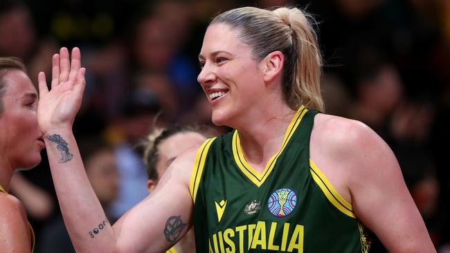 SYDNEY, AUSTRALIA - SEPTEMBER 29: Lauren Jackson of Australia reacts during the 2022 FIBA Women's Basketball World Cup Quarterfinal match between Australia and Belgium at Sydney Superdome, on September 29, 2022, in Sydney, Australia. (Photo by Kelly Defina/Getty Images)