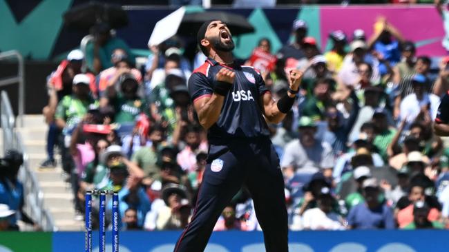 Jasdeep Singh of the United States celebrates dismissing Babar Azam. Photo by Andrew Caballero-Reynolds / AFP.