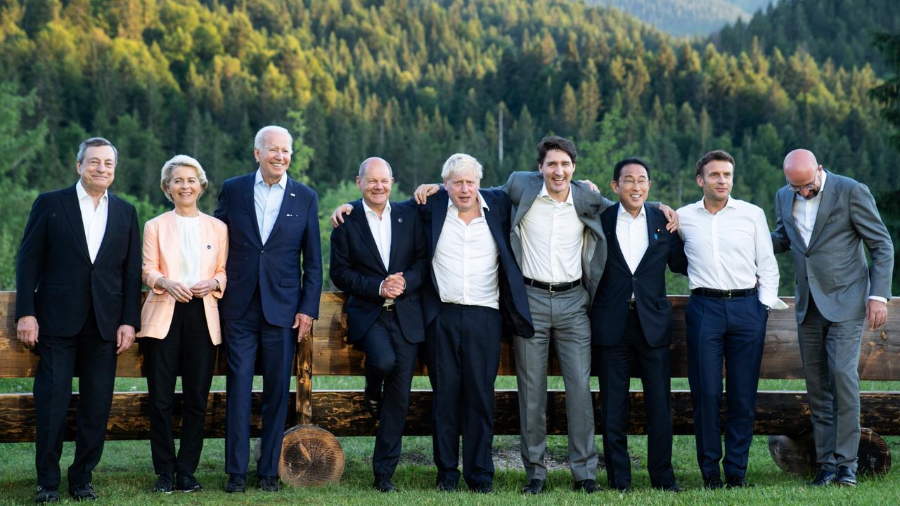 G7 leaders pose for a group photo on the first day of the three-day G7 summit at Schloss Elmau, Germany. Picture: Pool/Getty Images