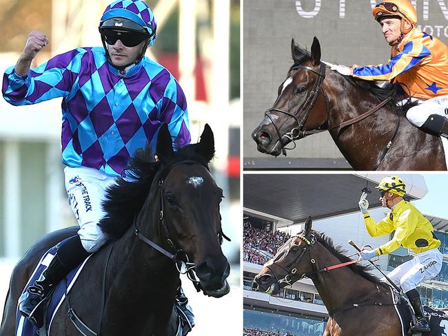 Declan Bates celebrates Pride of Jenni's Queen Elizabeth Stakes win last Saturday (left) and fellow horse of the year contenders Imperatriz (top right) and Without A Fight. Pictures: File