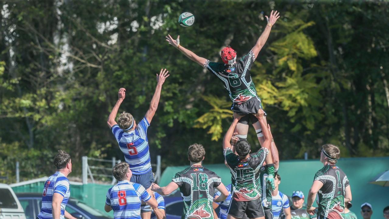 Gray O’Neill (right, red headgear). GPS First XV rugby between Nudgee College and BBC. Photos by Stephen Archer