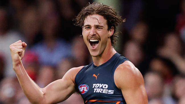 SYDNEY, AUSTRALIA - SEPTEMBER 07: James Peatling of the Giants celebrates a goal during the 2024 AFL First Qualifying Final match between the Sydney Swans and the GWS GIANTS at The Sydney Cricket Ground on September 07, 2024 in Sydney, Australia. (Photo by Dylan Burns/AFL Photos via Getty Images)