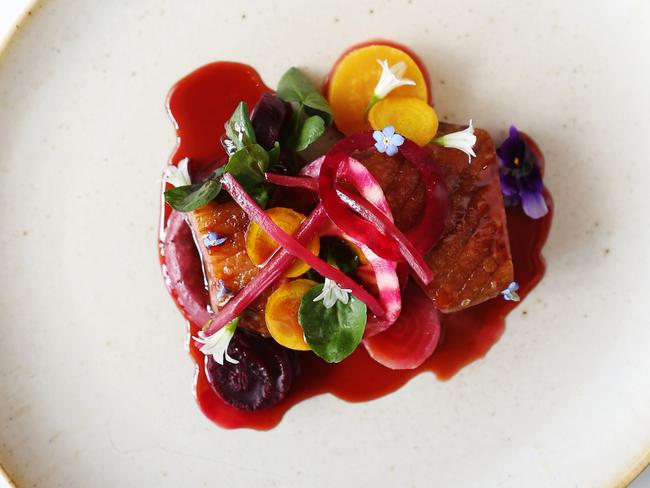 Burrawong duck, beetroot, rhubarb, sweet potato at the Lake House in Daylesford. Picture Rebecca Michael.