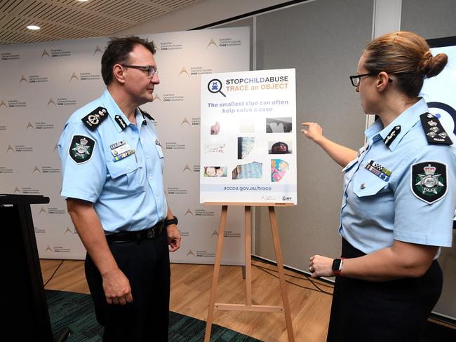 AFP Commissioner Reece Kershaw (left) and thew new Commander of the Australian Centre to Counter Child Exploitation Hilda Sirec. Picture: NCA NewsWire / Dan Peled