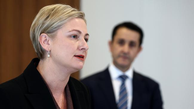 Queensland Child Safety Minister Amanda Camm announces details of the commission of inquiry with Premier David Crisafulli looking on. Picture: David Clark
