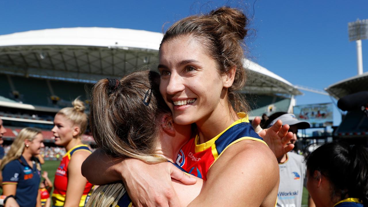 Jasmyn Hewett of the Crows celebrates during the 2022 AFLW Grand Final. Picture: Dylan Burns/AFL Photos via Getty Images.