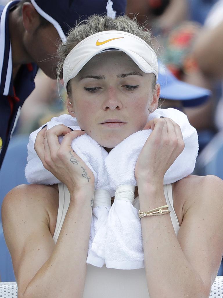 Elina Svitolina, of Ukraine, puts a towel of ice around her neck as she plays on Day Two at the US Open. Picture: AP Photo