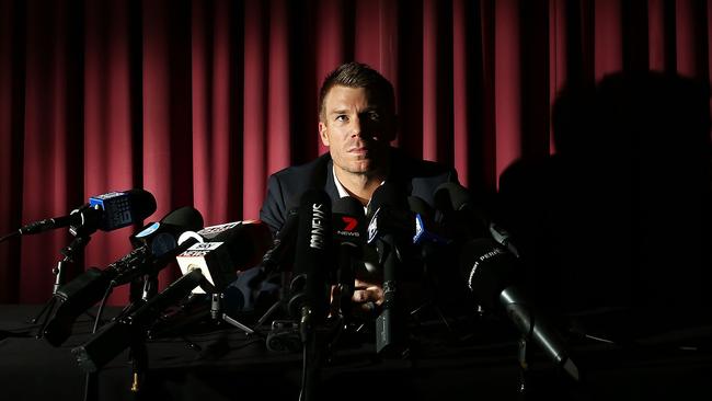 David Warner speaks to the media during a press conference at Cricket NSW Offices in 2018 after being banned for a year. (Photo by Brendon Thorne/Getty Images)