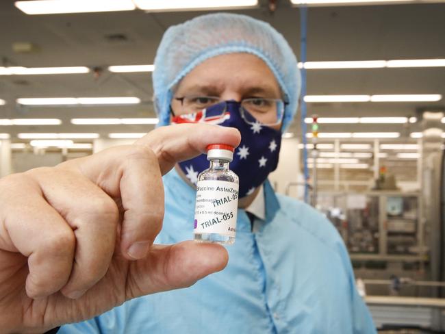 MELBOURNE, AUSTRALIA - FEBRUARY 12: Prime Minister Scott Morrison visits the CSL vaccine manufacturing facility on February 12, 2021 in Melbourne, Australia. Pharmaceutical company CSL is manufacturing Australia's Oxford-AstraZeneca COVID-19 vaccines.  (Photo by David Caird-Pool/Getty Images)