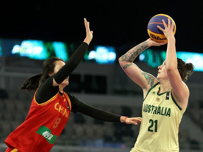 Mareena Whittle puts up a shot for Australia in their clash with China. Picture: Kelly Defina/Getty Images